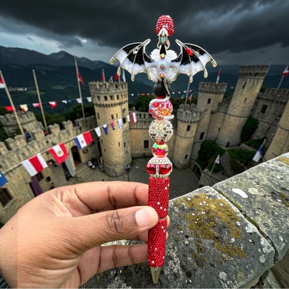 Accessories - Custom Made Red Rhinestone Beaded Dragon Pen